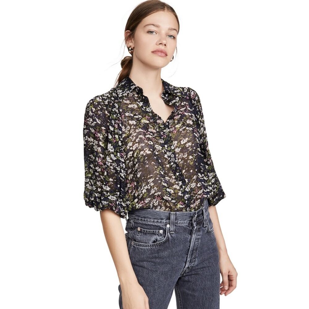 Ganni Floral Puff Sleeve Georgette Button Down Top